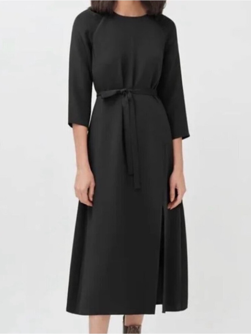 Cuyana Elegant Black Midi Dress with Waist Tie